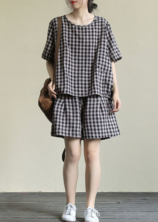 Black Plaid Tops and Shorts Patchwork Cotton Two Piece Set O Neck Summer