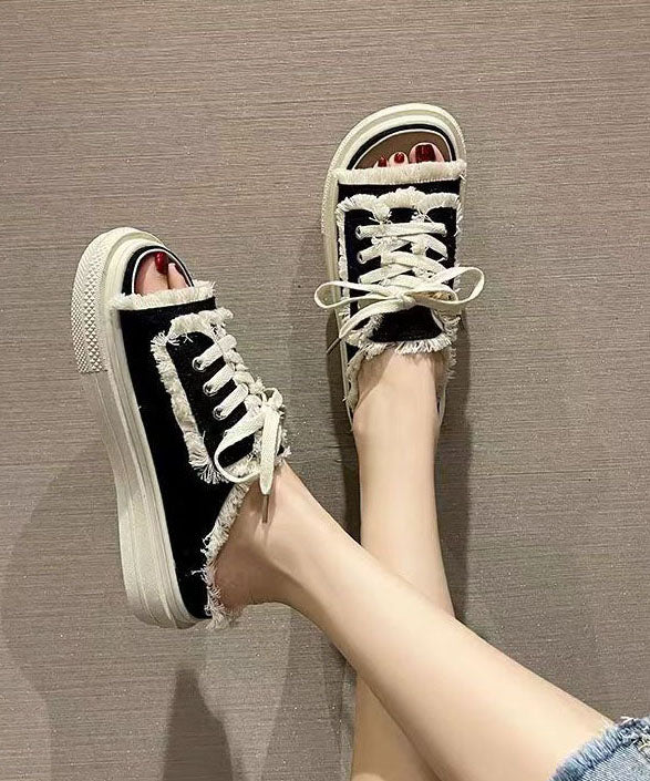 Black Platform Canvas Splicing Slide Sandals Lace Up