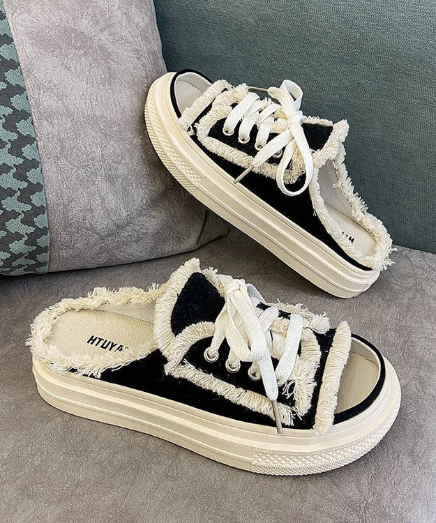 Black Platform Canvas Splicing Slide Sandals Lace Up