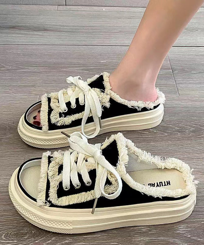 Black Platform Splicing Tassel Lace Up Slide Sandals