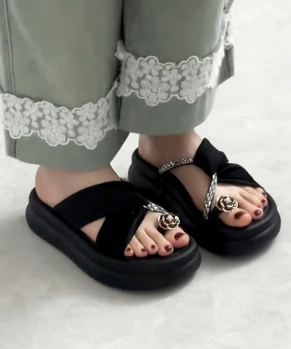 Black Platform Faux Leather Hollow Out Slide Sandals