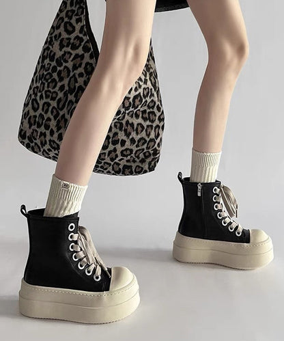 Black Platform Faux Leather Stylish Splicing Lace Up Boots