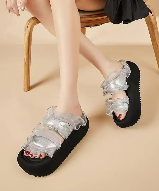 Black Platform Tulle Ruffled Splicing Slide Sandals
