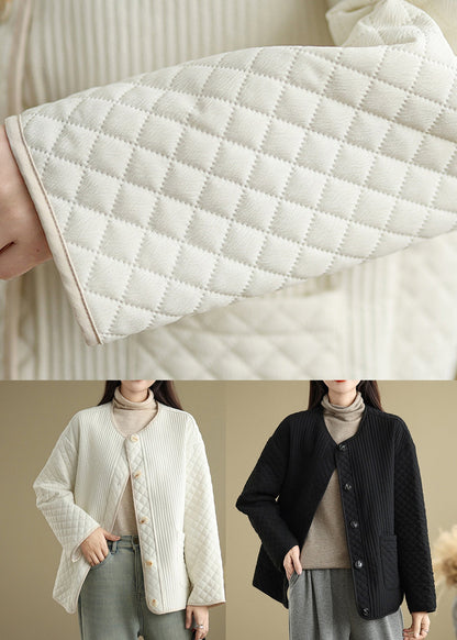 Black Pockets Button Fine Cotton Filled Coat O Neck Spring