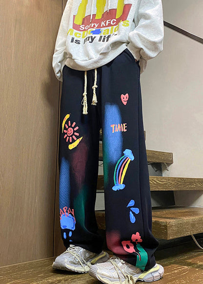 Black Pockets Cotton Spring Pants Elastic Waist