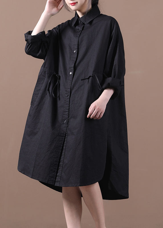 Black Pockets Cotton Loose Shirt Dresses Color Drawstring Long Sleeve