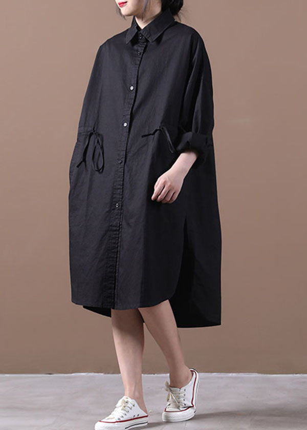 Black Pockets Cotton Loose Shirt Dresses Color Drawstring Long Sleeve
