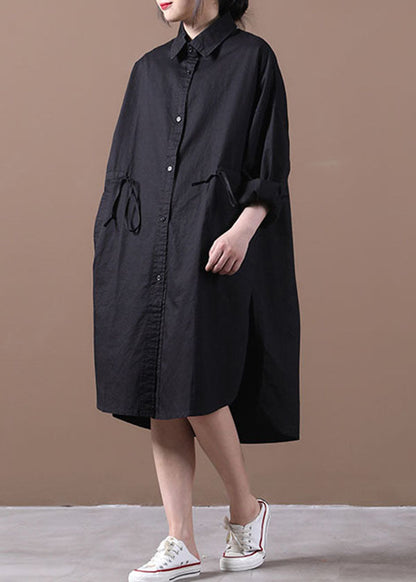 Black Pockets Cotton Loose Shirt Dresses Color Drawstring Long Sleeve