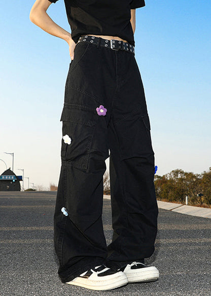 Black Pockets Cotton Summer Pants High Waist