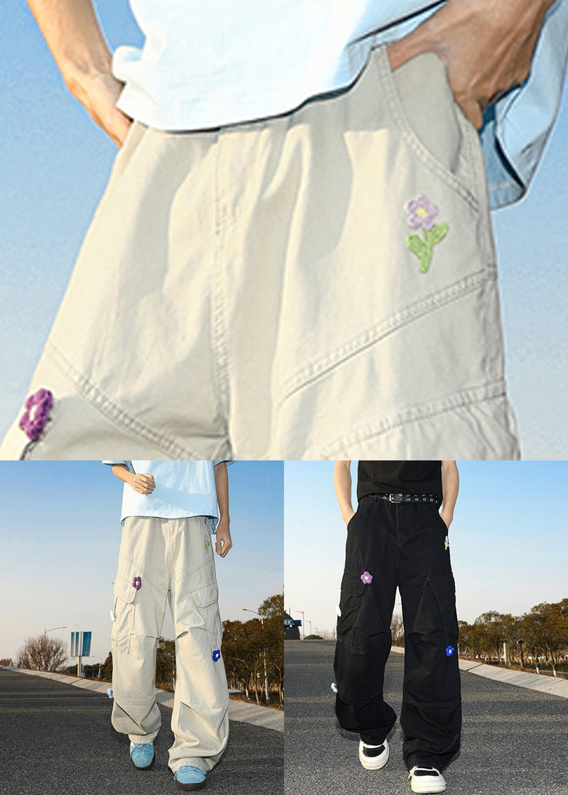 Black Pockets Cotton Summer Pants High Waist