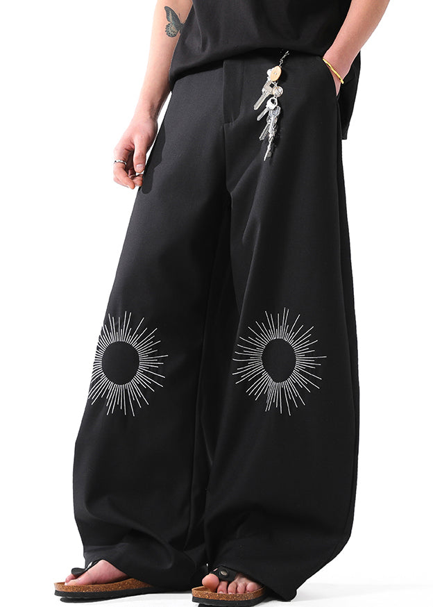Black Pockets Cotton Summer Wide Leg Pants Embroideried