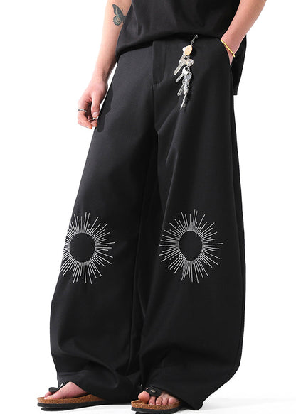 Black Pockets Cotton Summer Wide Leg Pants Embroideried