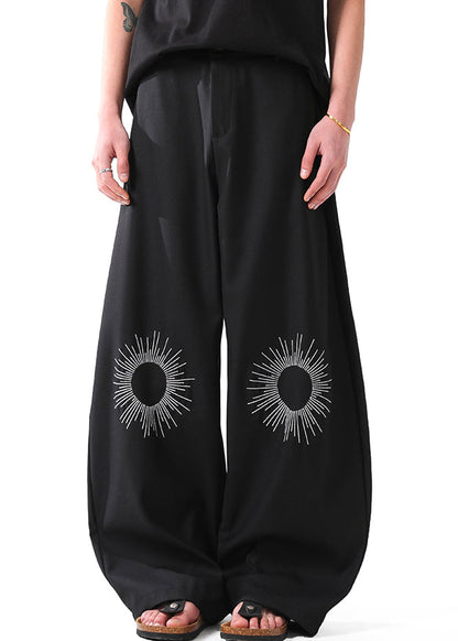 Black Pockets Cotton Summer Wide Leg Pants Embroideried