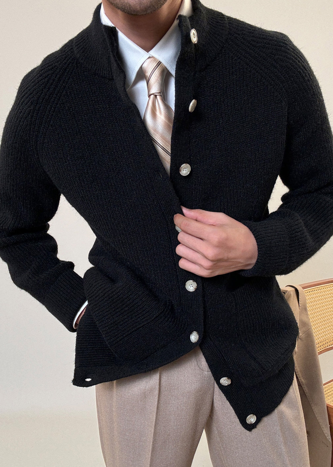 Black Pockets Cozy Cotton Knit Coats Stand Collar