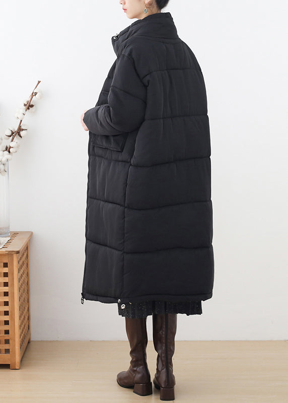 Black Pockets Drawstring Cotton Parka Long Sleeve