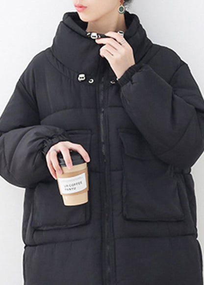 Black Pockets Drawstring Cotton Parka Long Sleeve