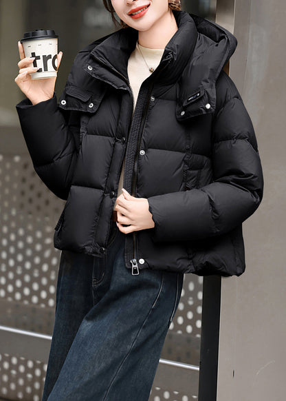 Black Pockets Duck Down Jacket Hooded Winter
