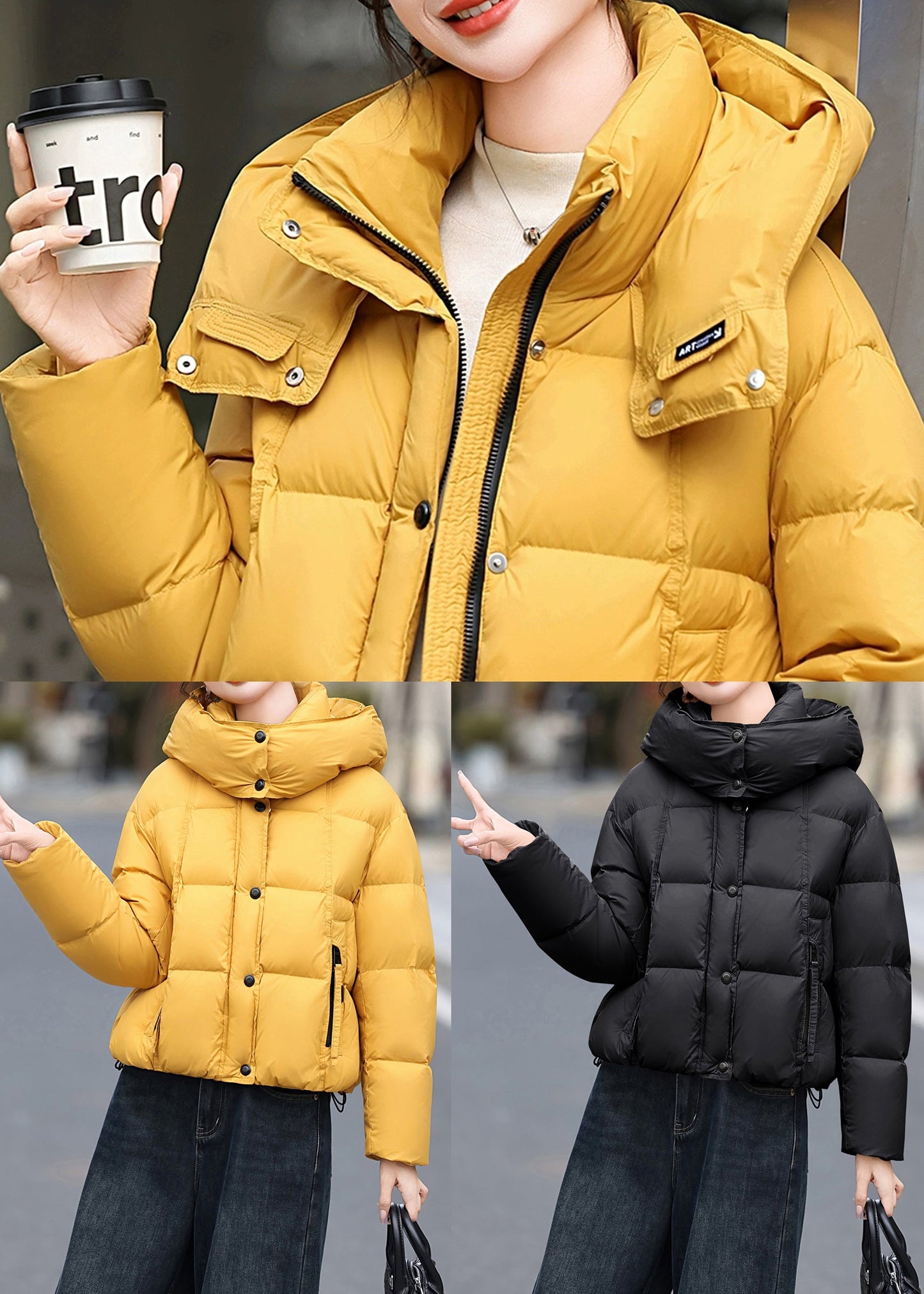Black Pockets Duck Down Jacket Hooded Winter