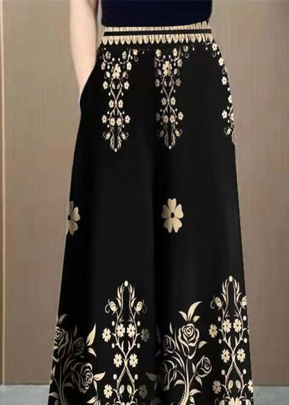 Black Pockets Elastic Waist Cotton Pants Print