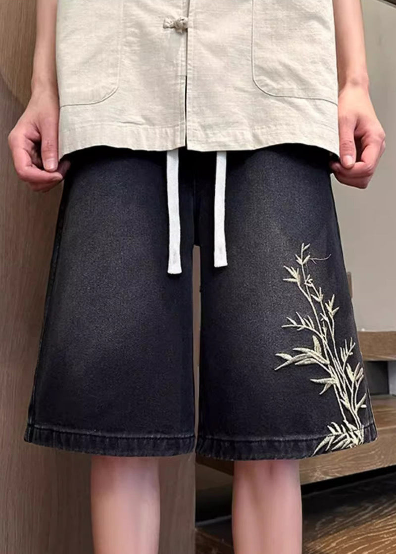 Black Pockets Elastic Waist Denim Summer Shorts Embroideried