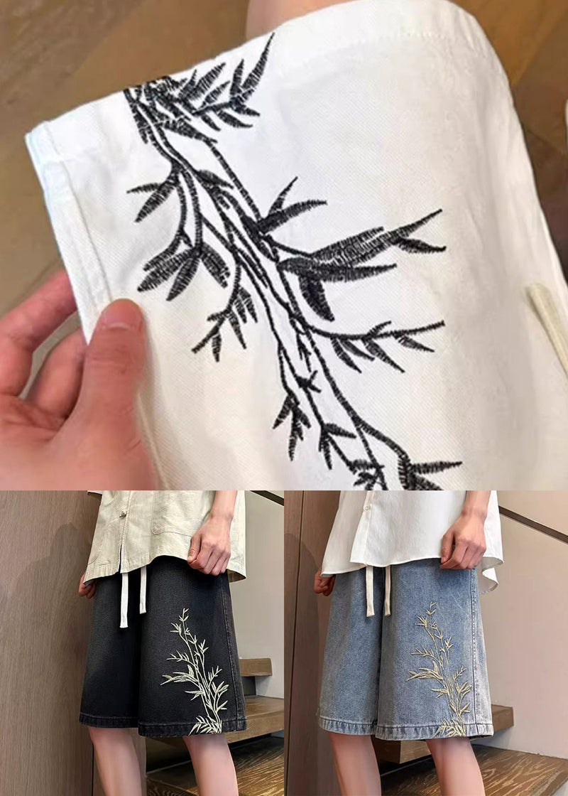 Black Pockets Elastic Waist Denim Summer Shorts Embroideried