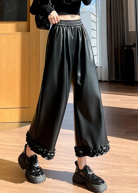 Black Pockets Elastic Waist Faux Leather Wide Leg Pants Ruffled