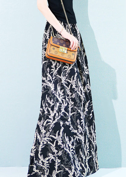 Black Pockets Elastic Waist Ice Silk Wide Leg Pants Print Summer