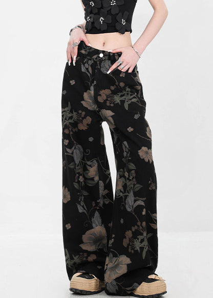 Black Pockets High Waist Denim Fall Wide Leg Pants Print