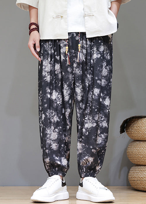Black Pockets Lace Up Ice Silk Beam Pants Elastic Waist