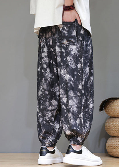 Black Pockets Lace Up Ice Silk Beam Pants Elastic Waist