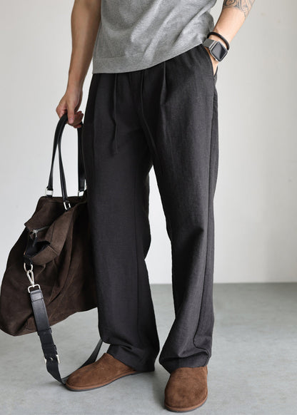 Black Pockets Linen Straight Pants Elastic Waist