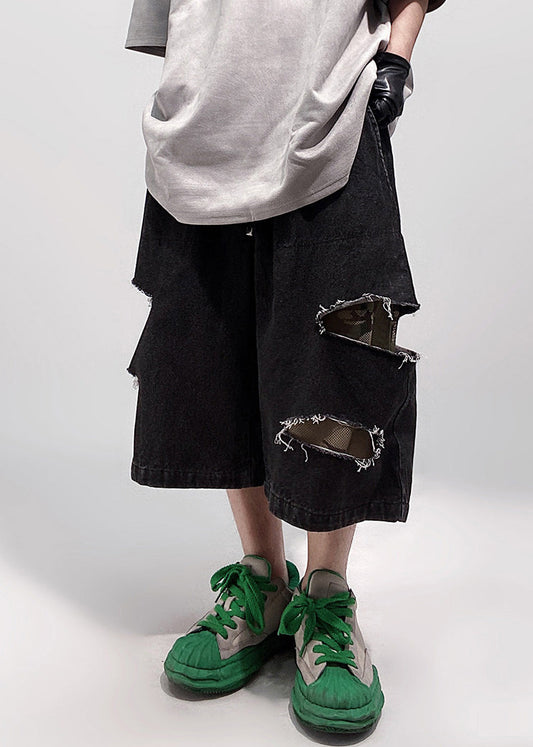 Black Pockets Oversized Denim Summer Shorts Elastic Waist