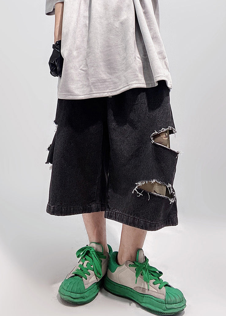 Black Pockets Oversized Denim Summer Shorts Elastic Waist