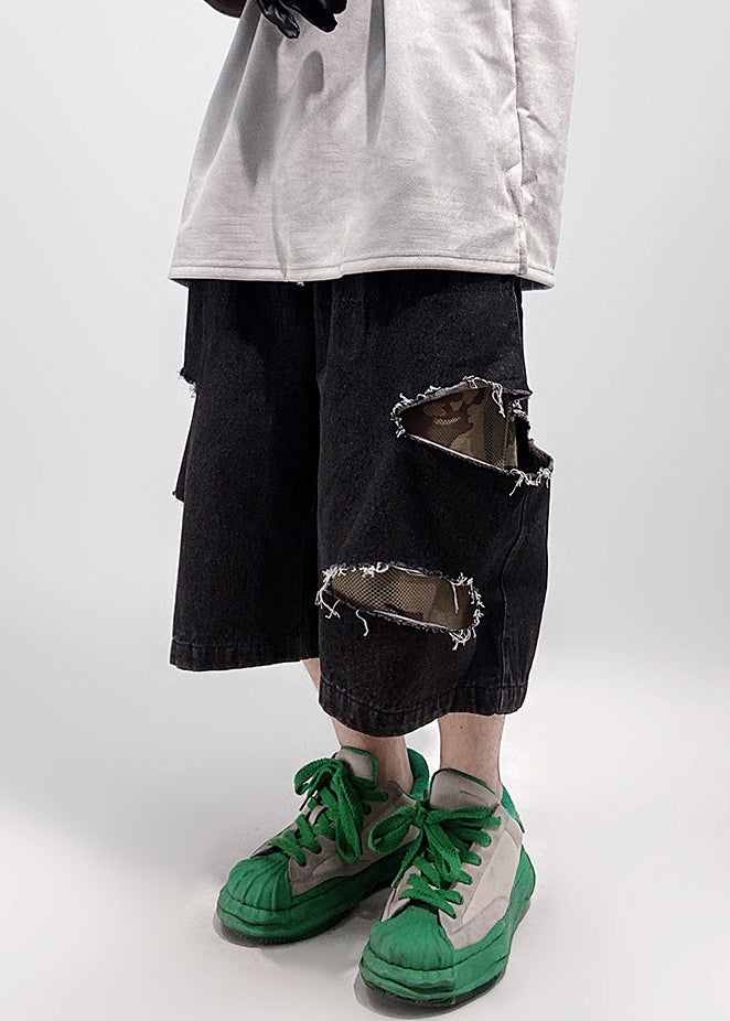 Black Pockets Oversized Denim Summer Shorts Elastic Waist