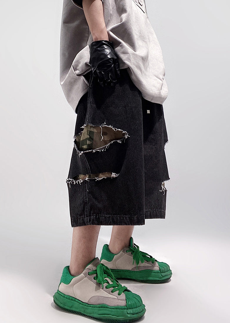 Black Pockets Oversized Denim Summer Shorts Elastic Waist