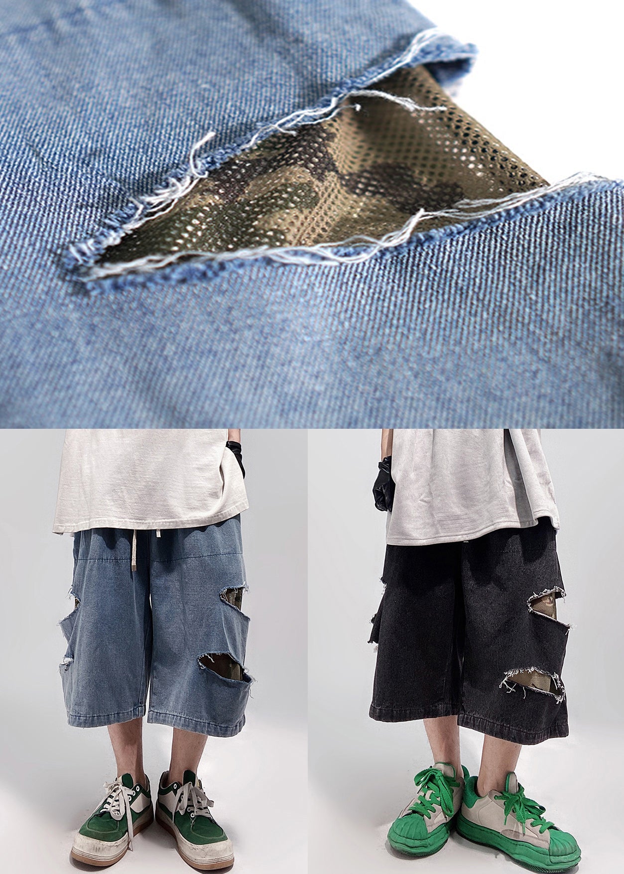 Black Pockets Oversized Denim Summer Shorts Elastic Waist