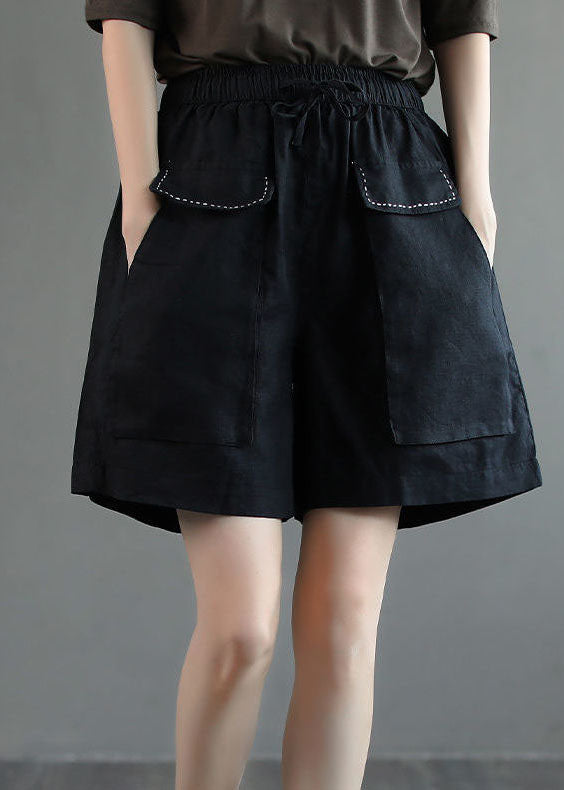 Black Pockets Patchwork Linen Shorts Summer
