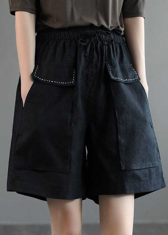 Black Pockets Patchwork Linen Shorts Summer