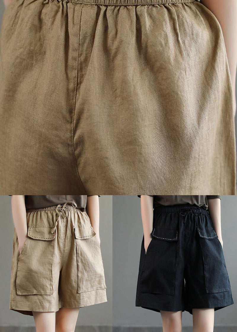 Black Pockets Patchwork Linen Shorts Summer