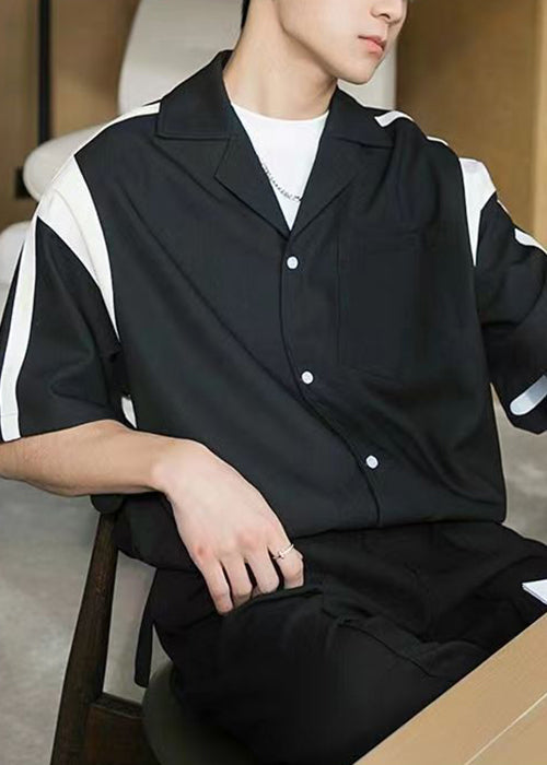 Black Pockets Patchwork Cotton Shirts Peter Pan Collar Summer