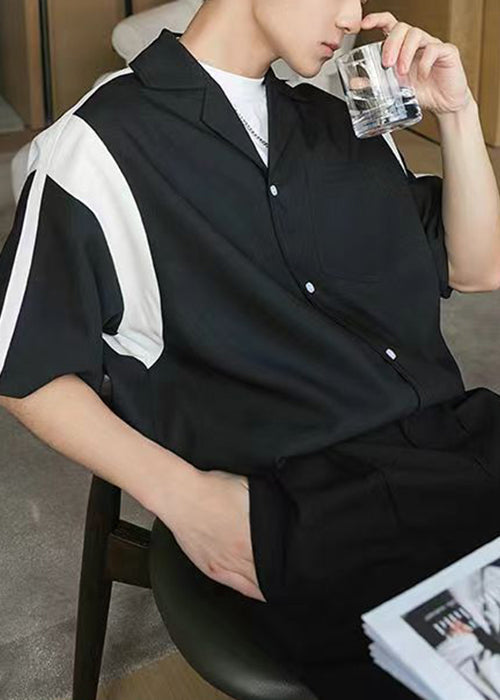 Black Pockets Patchwork Cotton Shirts Peter Pan Collar Summer