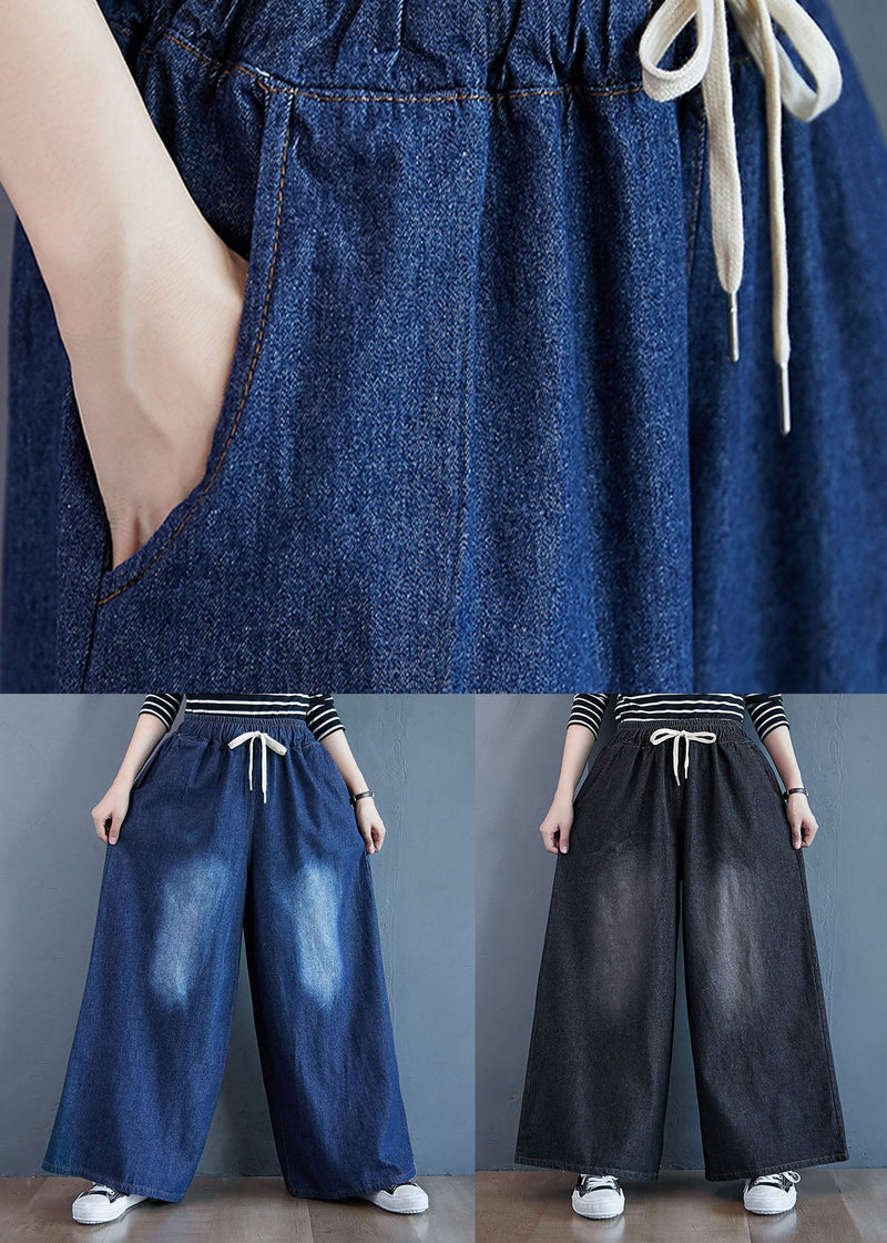 Black Pockets Patchwork Denim Wide Leg Pants Elastic Waist Spring