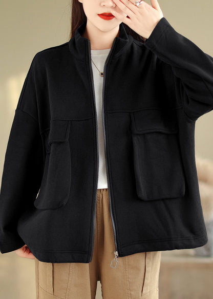 Black Pockets Patchwork Warm Fleece Coat Zip Up Fall