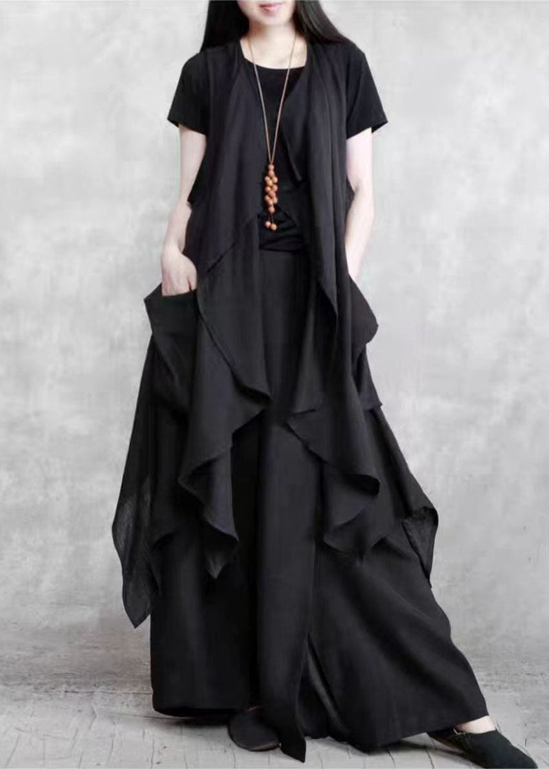 Black Pockets Patchwork Vest and Pants Linen Two Pieces Set Summer