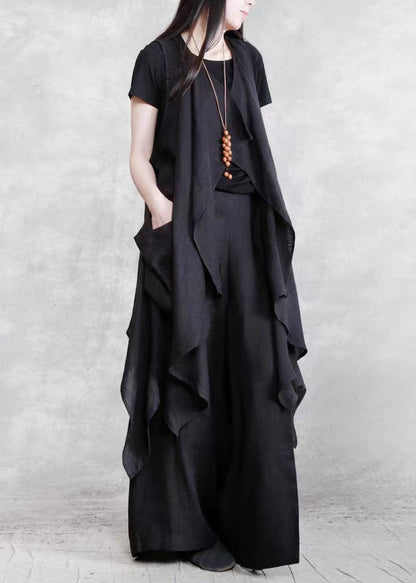 Black Pockets Patchwork Vest and Pants Linen Two Pieces Set Summer