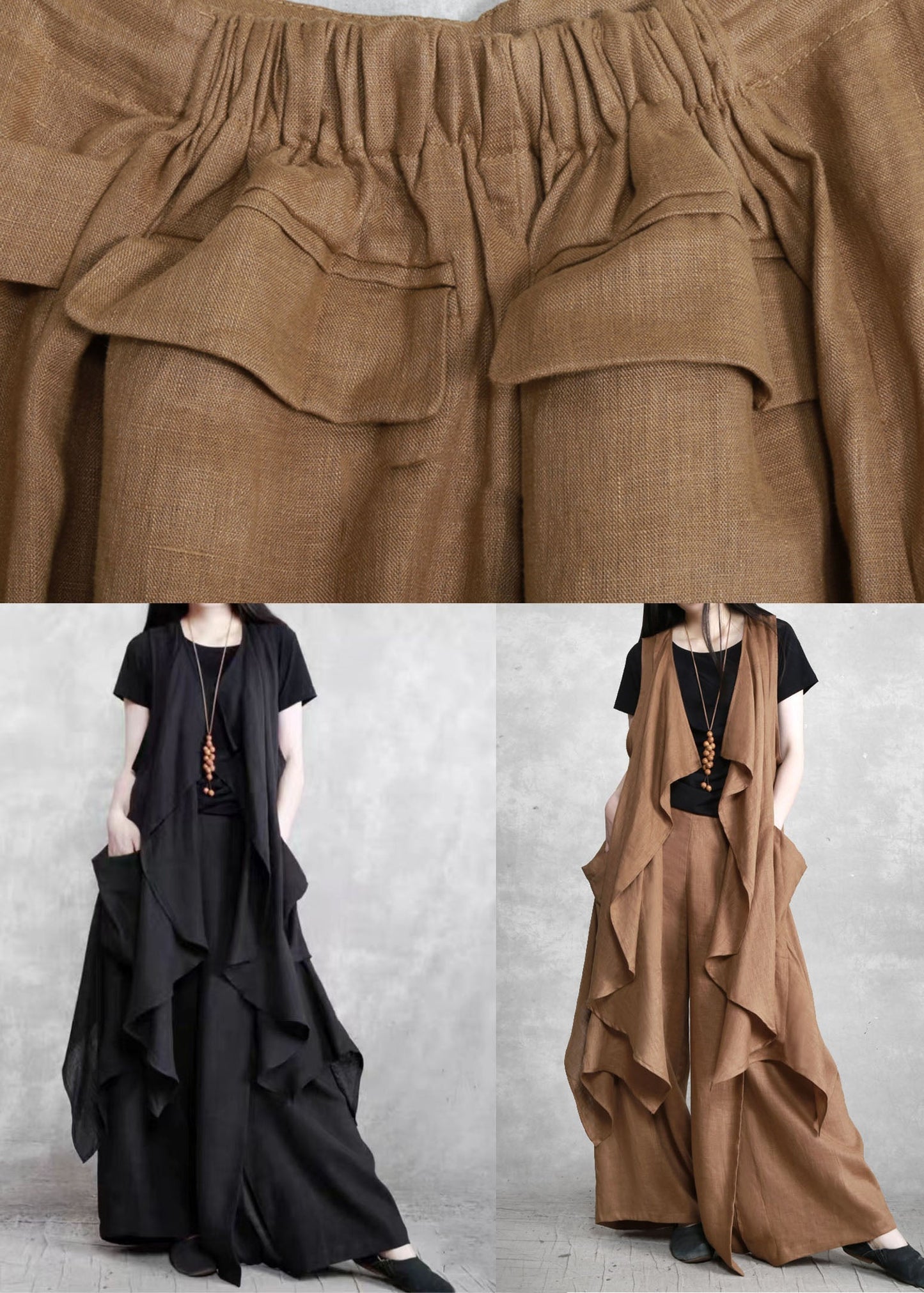 Black Pockets Patchwork Vest and Pants Linen Two Pieces Set Summer