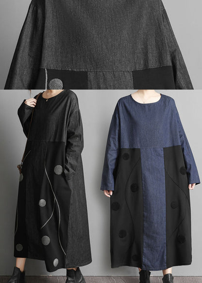 Black Pockets Patchwork Denim Maxi Dresses Embroideried Spring