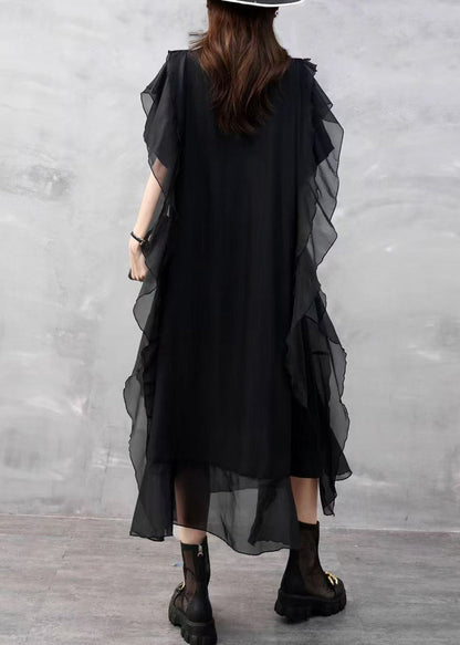 Black Pockets Chiffon Summer Dresses O Neck