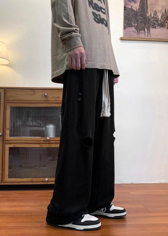 Black Pockets Cotton Spring Pants Elastic Waist