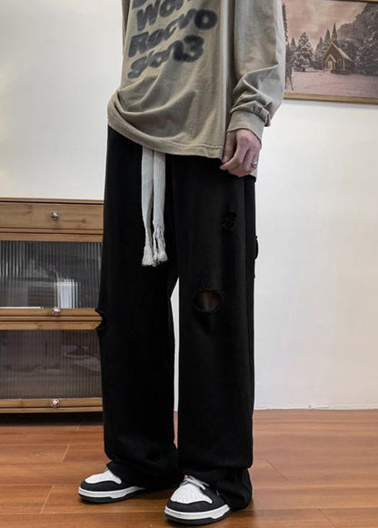 Black Pockets Cotton Spring Pants Elastic Waist